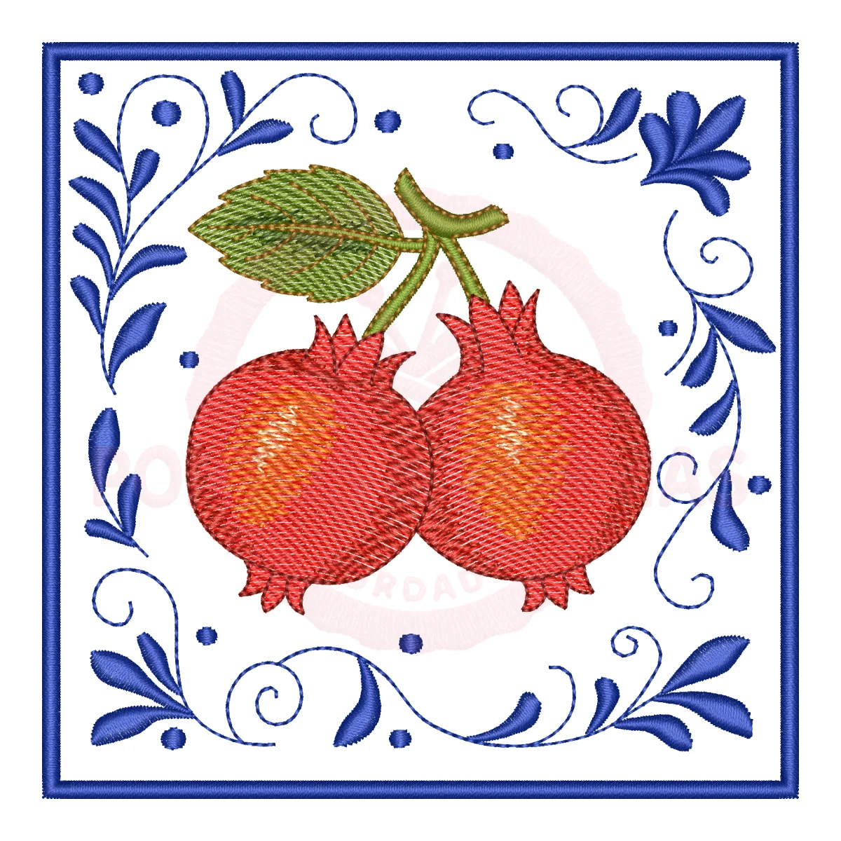 Matriz de Bordado Romãs Vibrantes com Moldura Floral - Pontos Leves